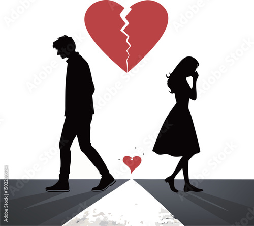 Silhouetted couple walking away, heart graphic symbolizing heartbreak and emotional distance.