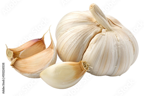 A Head of Garlic and Two Cloves of Garlic Isolated on Transparent Background