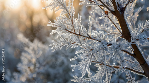 tree branches covered in white frost or hoarfrost, backlit by a soft winter morning sun