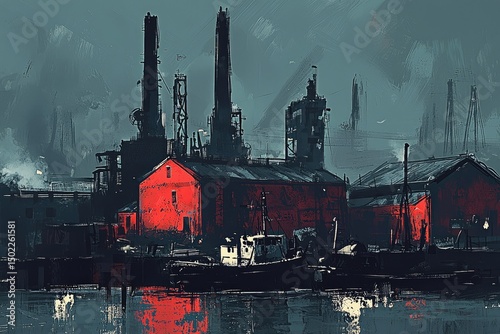 Red building in a harbor town, industrial scene at dusk.