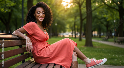 A confident-looking African woman in her 30s with vitiligo smiles under the sunlight, wearing casual clothes in the city park.