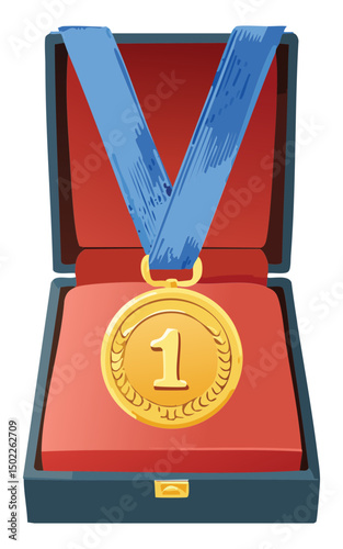 gold medal with blue ribbon on box