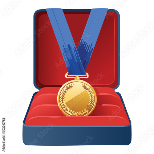 detailed gold medal with blue ribbon
