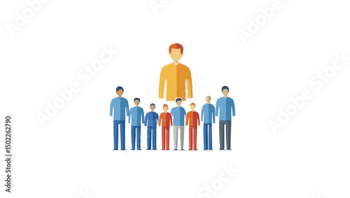 Pixel art depicts a large figure leading a smaller group of individuals, symbolizing leadership or teamwork