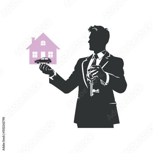 Real estate agent holding house and car illustration for property sale or rent investment concept