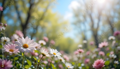 Beautiful Blurred Spring Nature Background with Blooming Gardenia Daisy Jasmine Rose Trees and Blue Sky on a Sunny Day