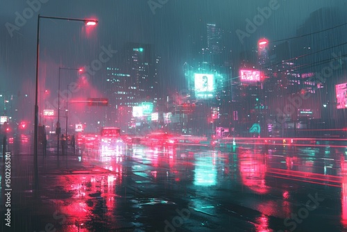 Neon-lit city street scene at night during a rainstorm.