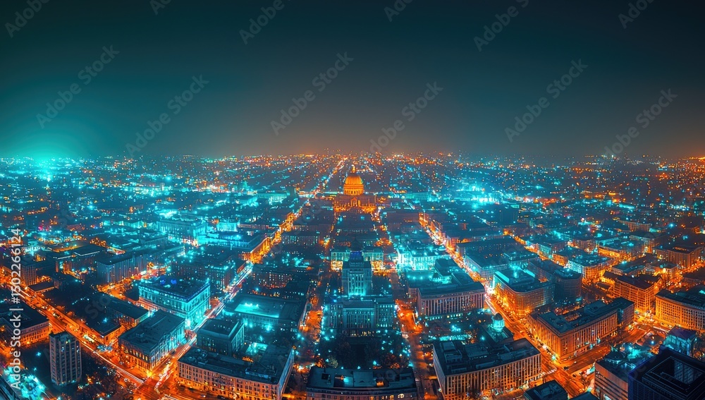 Obraz premium Aerial view of a city at night, illuminated by vibrant lights.