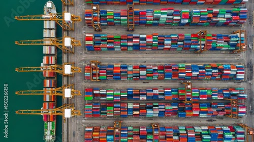 aerial view, Low angle View of business logistic import and export freight transportation by container ship, Time Lapse, Container ship loading and unloading in deep sea port, 4k video