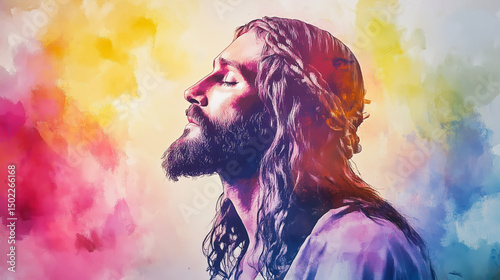 A man with a beard and long hair is depicted in a painting. The painting is colorful and has a spiritual theme