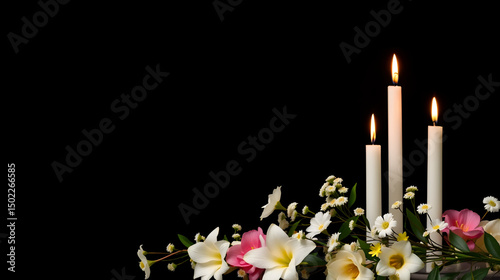 White candles and flowers on black panoramic background with copy space, funeral service, memorial and obituary header. MZ