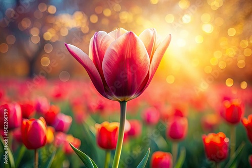 Surreal Spring Tulips: Vibrant Red Flower Meadow Close-Up Photography