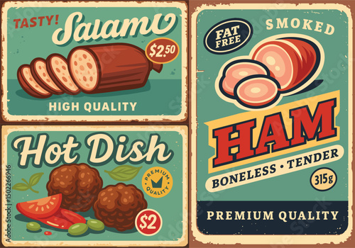 Vintage Meat Product Poster Set – Salami, Meatballs, and Canned Ham Retro Advertising Designs