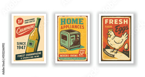 Vintage Food and Drink Poster Set – Champagne, Chicken Farm, and Kitchen Appliances Retro Designs