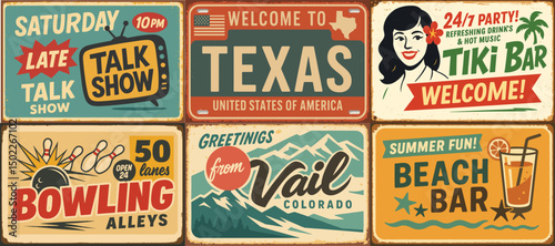 Retro Signboard Poster Set – Vintage Vector Designs for TV Show, Texas, Tiki Bar, Winter Holiday, Bowling, and Beach Cafe