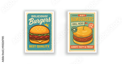 Retro Burger Poster Set – Vintage Vector Fast Food Advertisements with Cheeseburger Illustrations