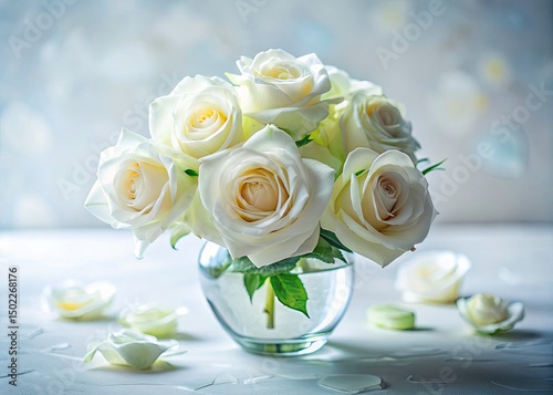 Tilt-Shift White Rose Vase Photography: Miniature White Roses in White Vase, Close-up Macro, Bokeh, Soft Focus, White Background