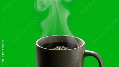 A scene of coffee enjoyment, evoking cozy atmosphere, mug, steam, hot beverage, Steaming cup, warm cup of coffee with a captivating steam rises from the dark coffee, a green background. 