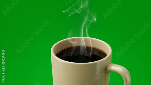 a green background. A scene of coffee enjoyment, evoking cozy atmosphere, mug, steam, hot beverage, Steaming cup, a warm cup of coffee with a captivating steam rises from the dark coffee