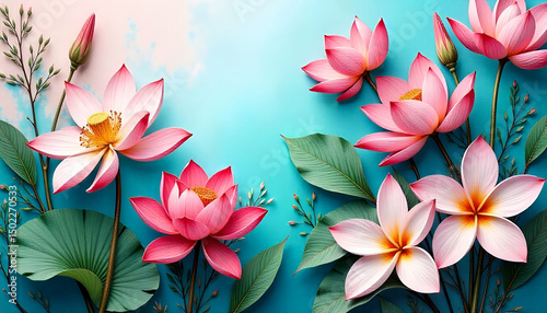 Pink Lotus Flowers and Lush Green Leaves Against a Bright Backdrop