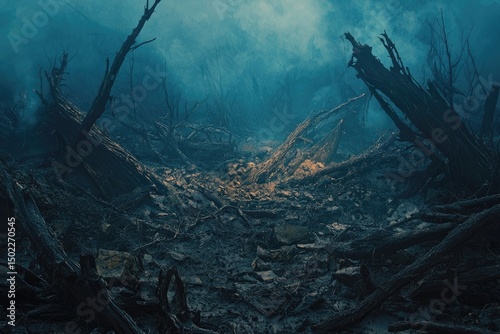 A desolate landscape of fallen trees and debris.