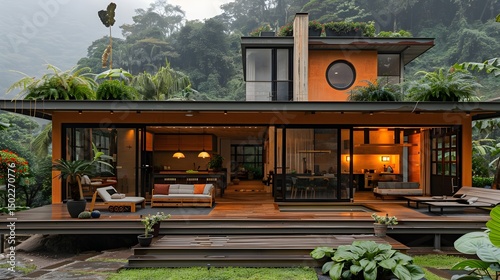 Modern Metal House, Minimalist Exterior with Ecuadorian Country-Style Interior, AI-Generated, Natural Textures, Vibrant Hues, Dynamic Landscapes