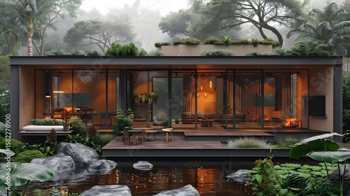 Modern Metal House, Minimalist Exterior with Ecuadorian Country-Style Interior, AI-Generated, Natural Textures, Vibrant Hues, Dynamic Landscapes