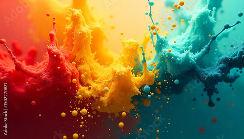 Colorful splashes of vibrant paint burst and collide dynamically