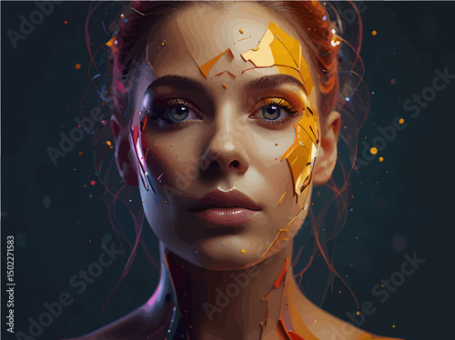 Surreal Futuristic Woman with Shattered Digital Face Sci-Fi AI Art Concept
