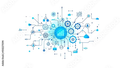 Abstract business infographic background with glowing icons, data points, and network connections in a minimalist style .