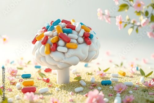 A fresh 3D visual representation that explores the connection between mental health and medication. It features a minimalistic brain surrounded by colorful capsules, symbolizing thoughts and emotions.