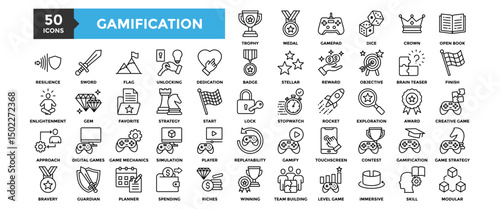 50 Gamification icon set. Containing design technology, gamification, education, strategy