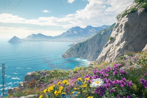 Scenic coastal landscape with vibrant wildflowers, a vast azure sea, and majestic mountains under a sunny sky.  Rocky cliffs and meadows meet the ocean
