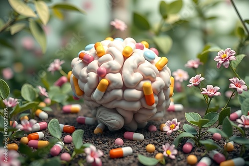 A fresh 3D visual representation that explores the connection between mental health and medication. It features a minimalistic brain surrounded by colorful capsules, symbolizing thoughts and emotions.