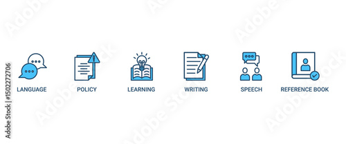 Grammar banner web icon set vector illustration concept for language education with icon of communication, policy, learning, writing, speech, and reference book
