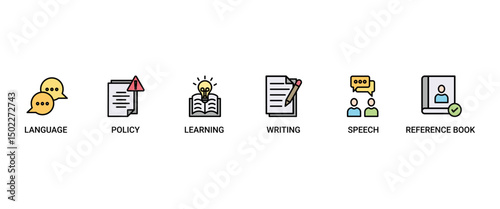 Grammar banner web icon set vector illustration concept for language education with icon of communication, policy, learning, writing, speech, and reference book