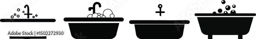 Bath Tub with Bubbles Vector Silhouette on Transparent Background

