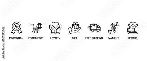 Shopping banner web icon set vector illustration concept with icon of promotion, ecommerce, payment, gift, price, free shipping, loyalty, reward icons infographics symbol background