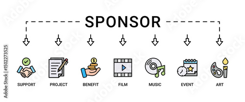 Sponsor banner web icon set vector illustration concept with icon of support, project, benefit, art, event, music, sport and film icons infographics symbol background
