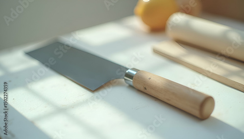 A sharp chef knife with a wooden handle lying on a surface