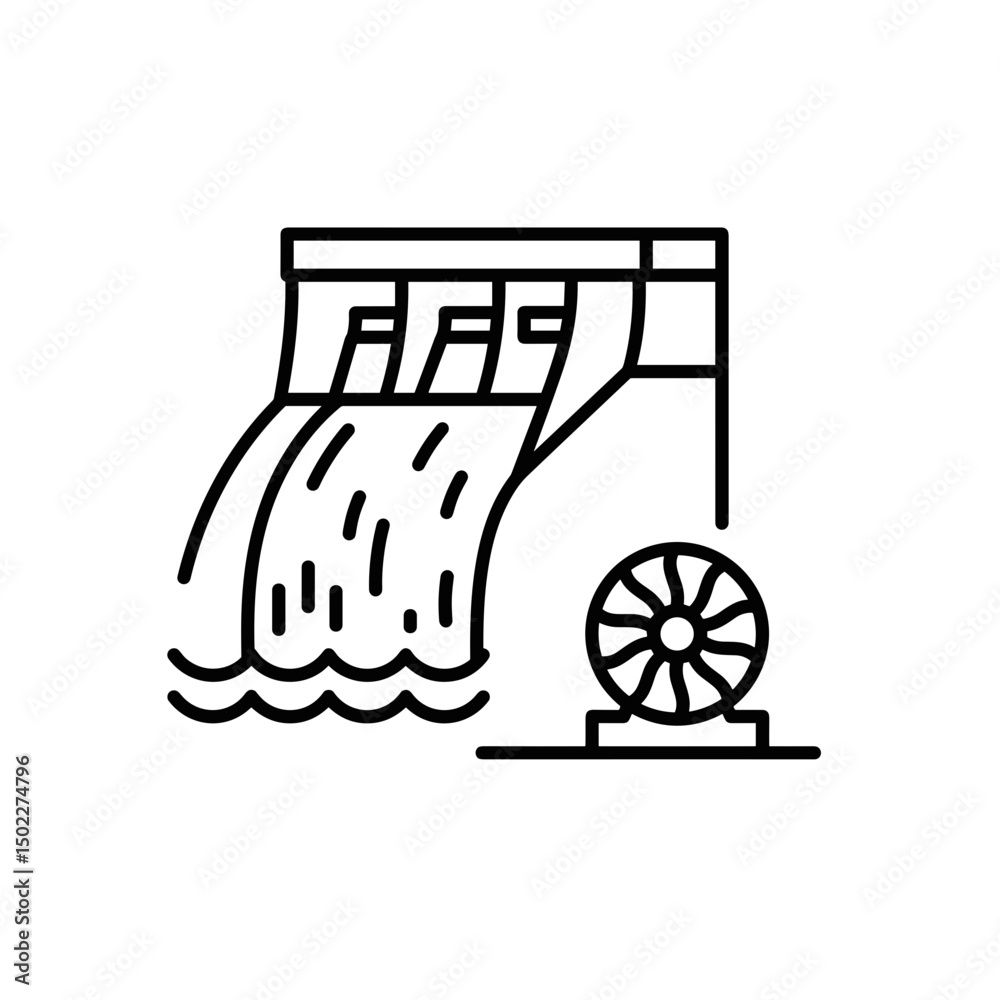 Naklejka premium Hydroelectric power station diagram illustrating water flow and turbine 