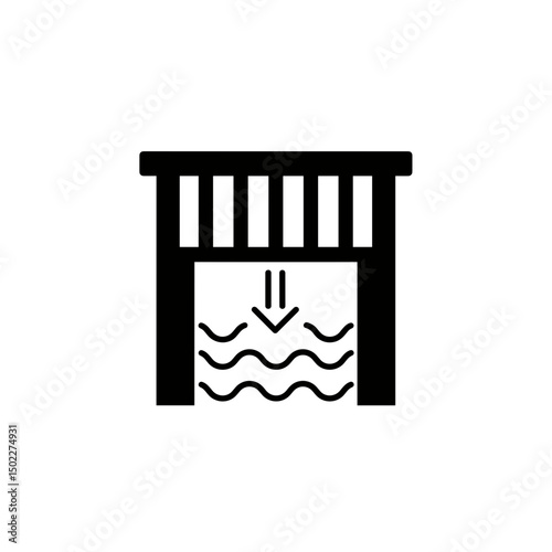Water intake gate icon with flowing water below in black silhouette  