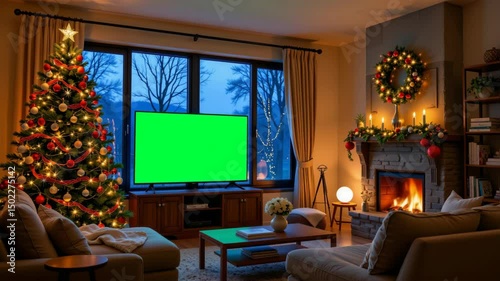 A cozy living room decorated for Christmas with a lit tree, fireplace, and a TV with a green screen, creating a festive holiday atmosphere.