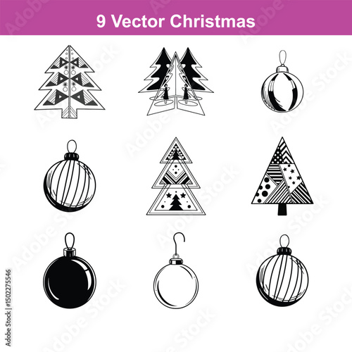Winter snowflake design set, white background, graphic elements,Festive Christmas seamless pattern with hand-drawn icons of trees, 