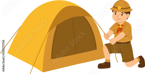 Scout Boy Setting Up Tent at Camp