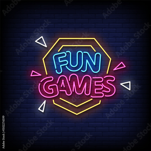 fun games neon sign with brick wall background vector