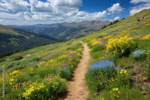 Hiking trail through wildflowers in the colorado mountains