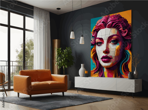Modern Abstract Portrait Wall Art in Stylish Living Room Interior