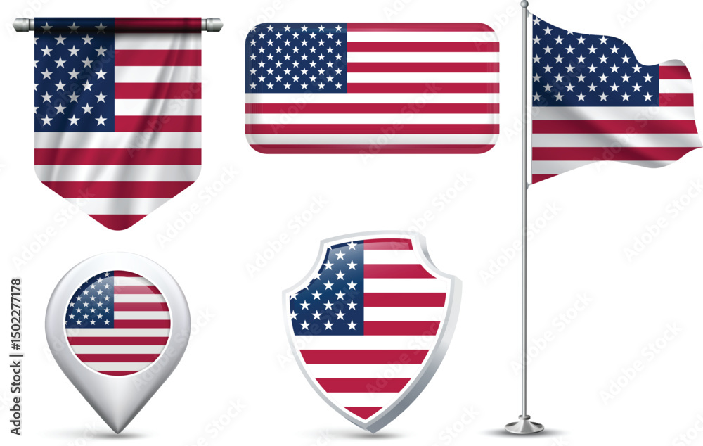 Set of United States Flags in Different Shapes and Styles Set of United States Flags in Different Shapes and Styles