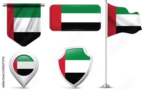 Set of United Arab Emirates (UAE) Flags in Different Shapes and Styles